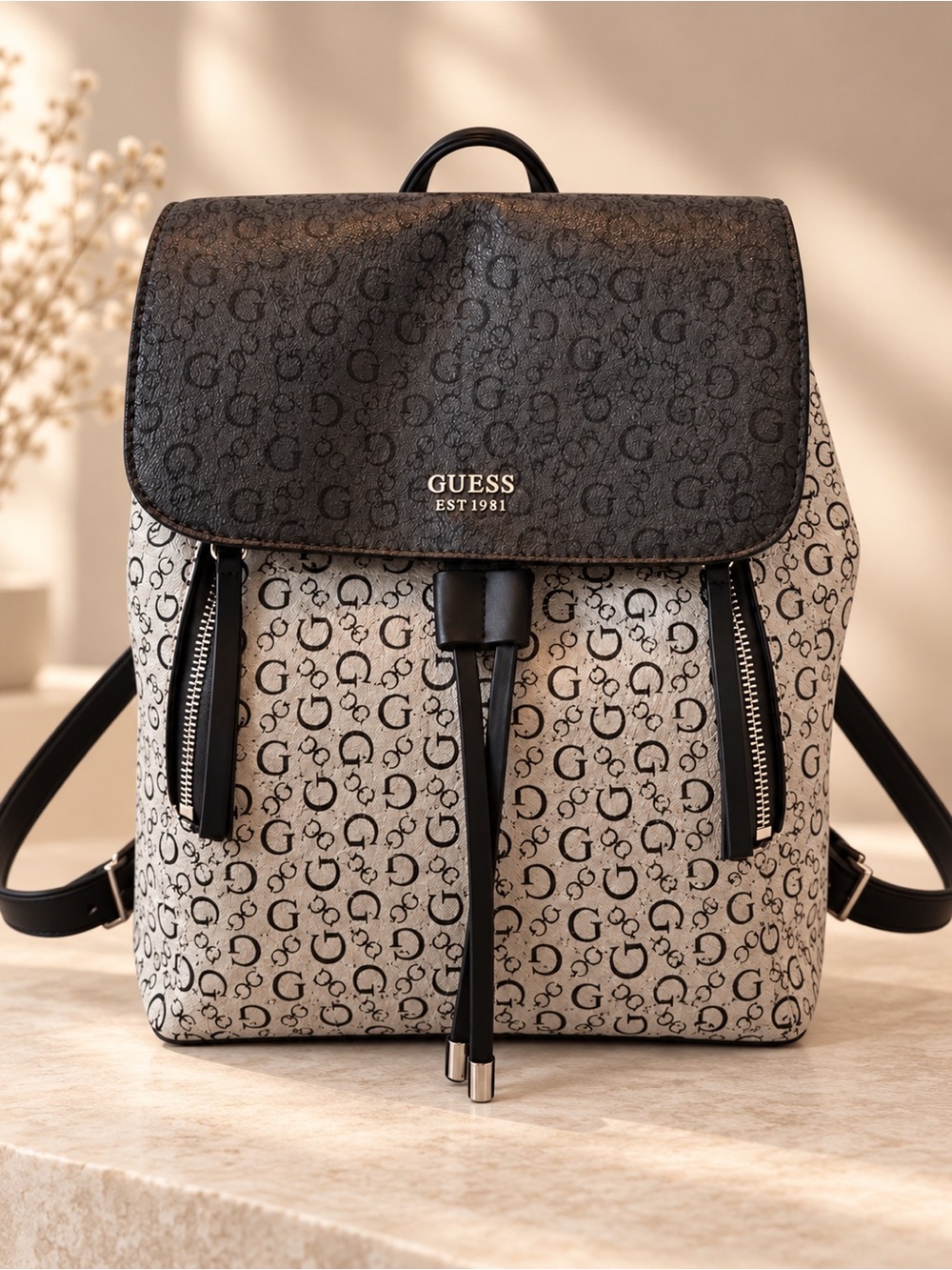 GUESS Logo Monogram Flap Drawstring Backpack Black & White